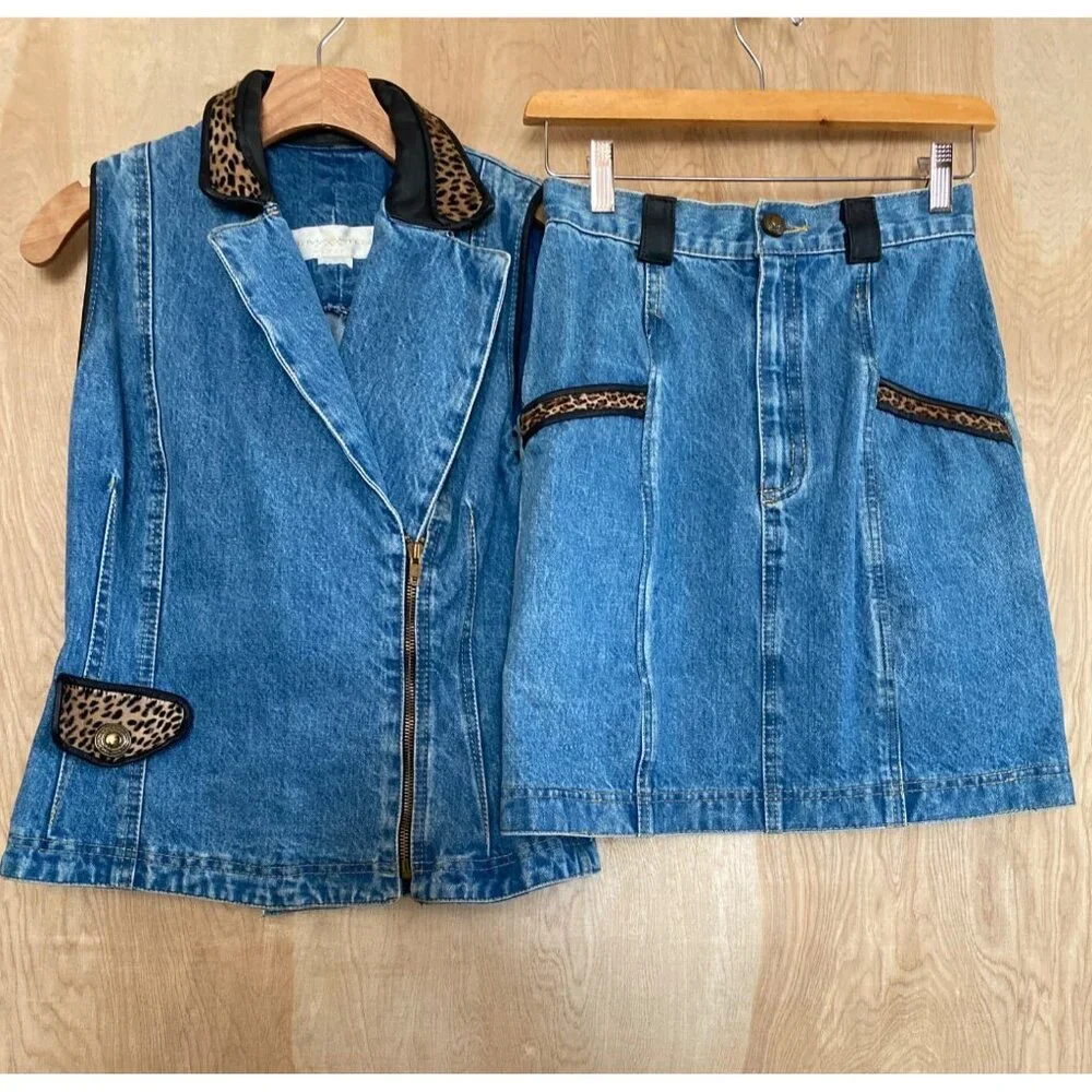 Vintage St. Maarten Dallas Denim Skirt Set Small Vest & Mini Skirt Leopard Trim - Picture 1 of 13